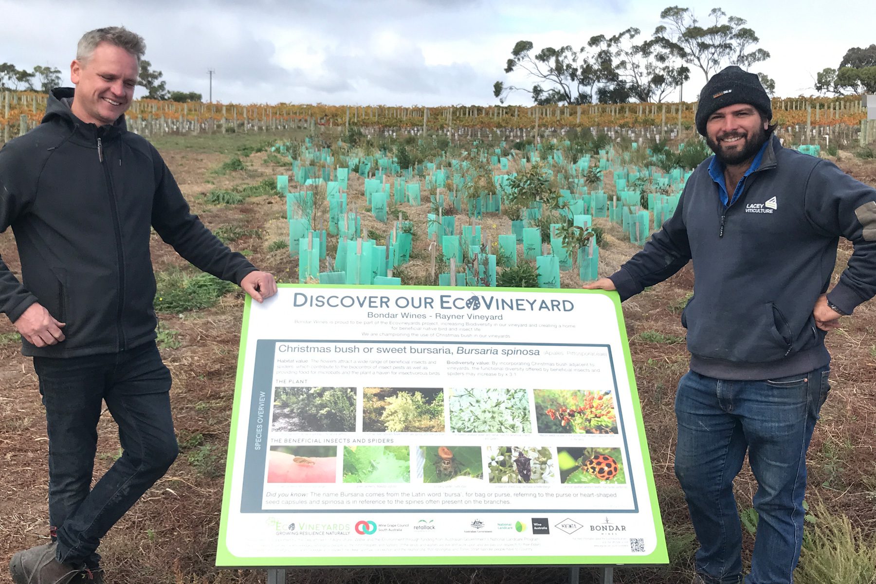 Participants standing with 'Discover our EcoVineyards' educational sign